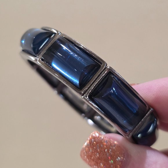 Navy Blue Dome Stones Charcoal Gray Link Stretch Modern Fashion Bracelet - Picture 10 of 12